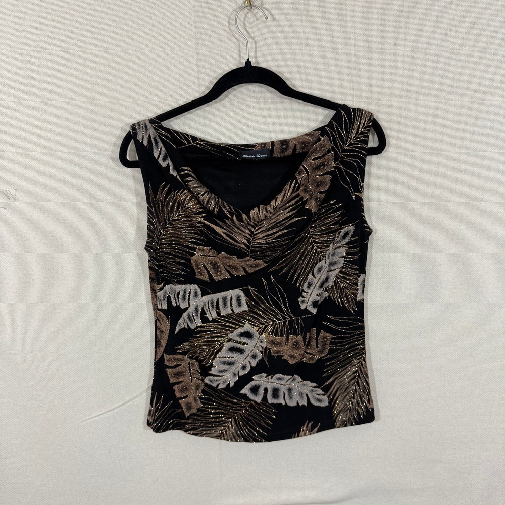 Made in Heaven Black Gold Metallic Palm Leaf Cowl Neck Top Medium